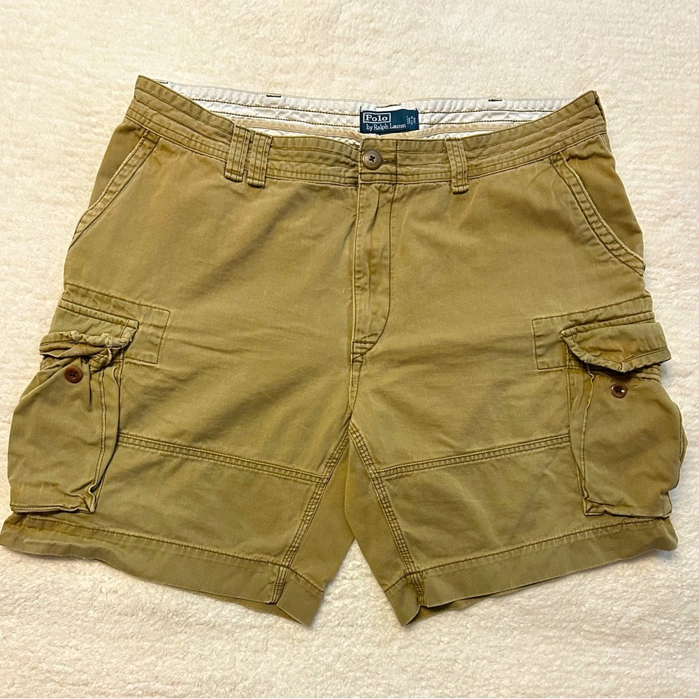 Vintage Polo Ralph Lauren RL Mens Size 42 Rare Beige Cotton Dbl Btn Cargo Shorts